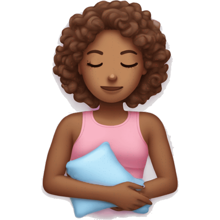 Sleepy girl on pink pillow with brown curly hair and a ice pack emoji