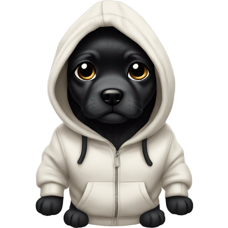 Puppy with cool long black hair sticking up (not down) vibing in a hoodie emoji