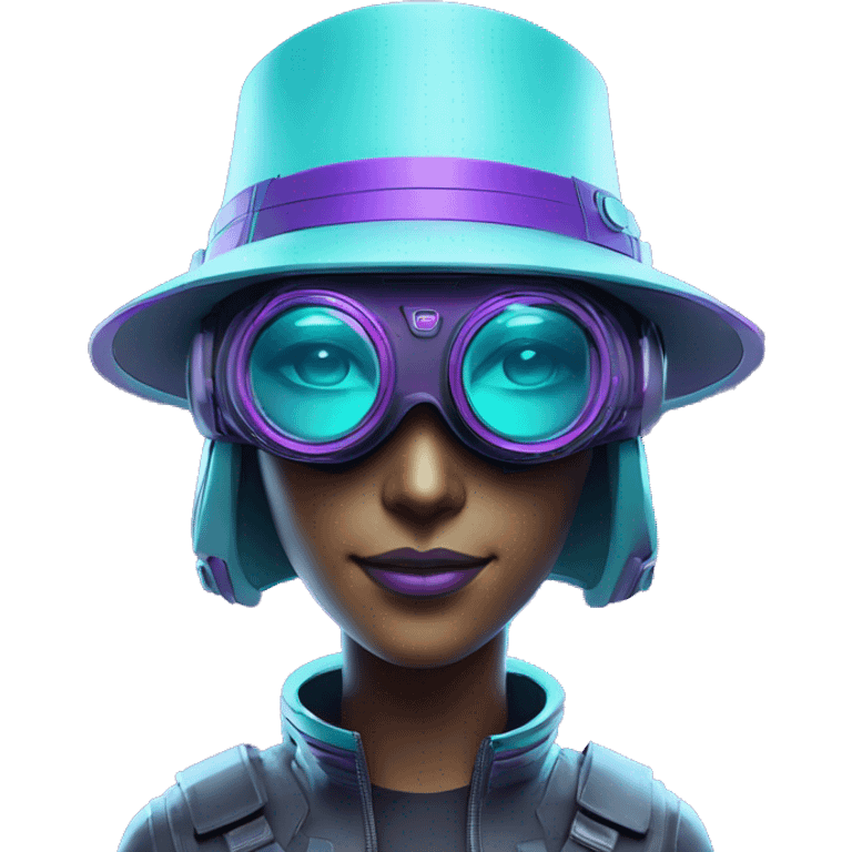 Secret humanoid agent in a futuristic hat with in Apple VR goggles headset code display on the goggles , cyberpunk, cyan and purple colors, only upper body portrait, front facing the camera  emoji