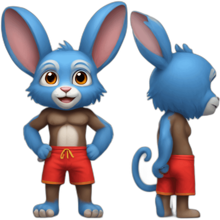 blue rabbit monkey with no shirt but red shorts and with a monkey tail emoji