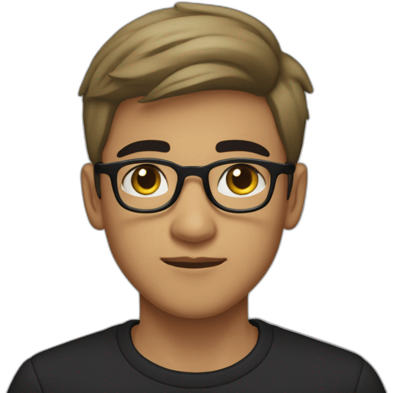 a light skin Pakistani teenager, wearing round glasses, short moustache, black straight hair, black jumper/sweater, structured manly face emoji