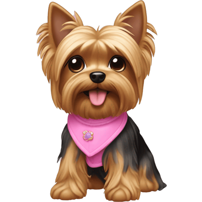 toy yorkie dog wearing pink emoji