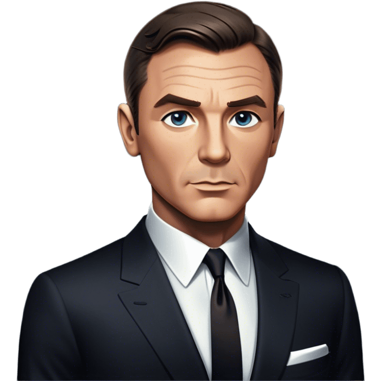 Cinematic Realistic James Bond Portrait Emoji, depicted as a suave, sophisticated secret agent in a tailored suit with a cool, composed gaze and an air of stealth and charm, rendered with crisp textures and dynamic cinematic lighting that captures his timeless espionage allure. emoji