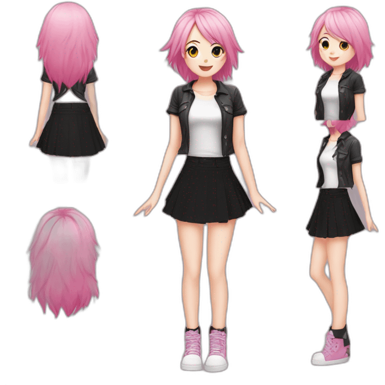 Full body Front view curvy emo girl pink hair sits on the floor straight view hands up black skirt белые трусики полосатые рваные чулки emoji