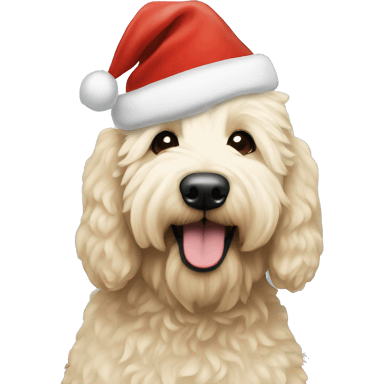 Cream Golden doodle wearing Santa hat emoji