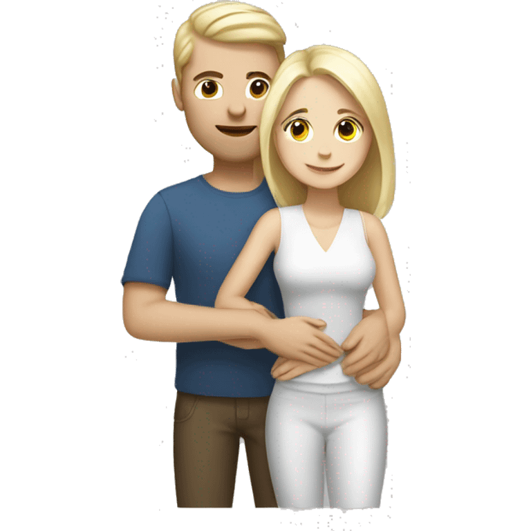 White blonde woman and brunette, man, couple hugging, full body emoji