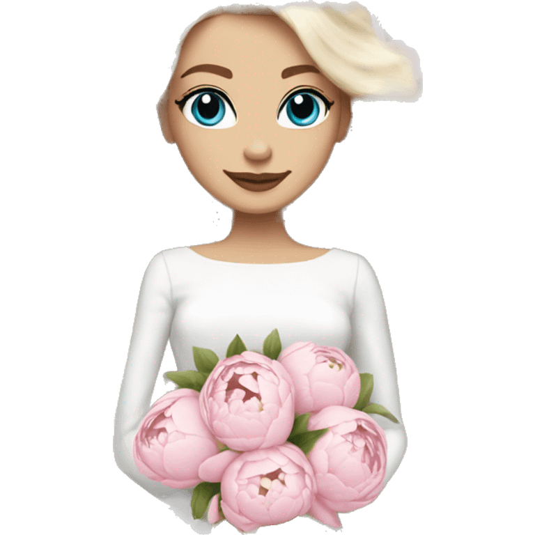 White bride with long light blonde hair and blue eyes with light pink peonies in hair white skin  emoji