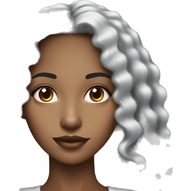 pretty black woman with super long black curly hair and brown almond eyes with white top with small nose and full lips emoji