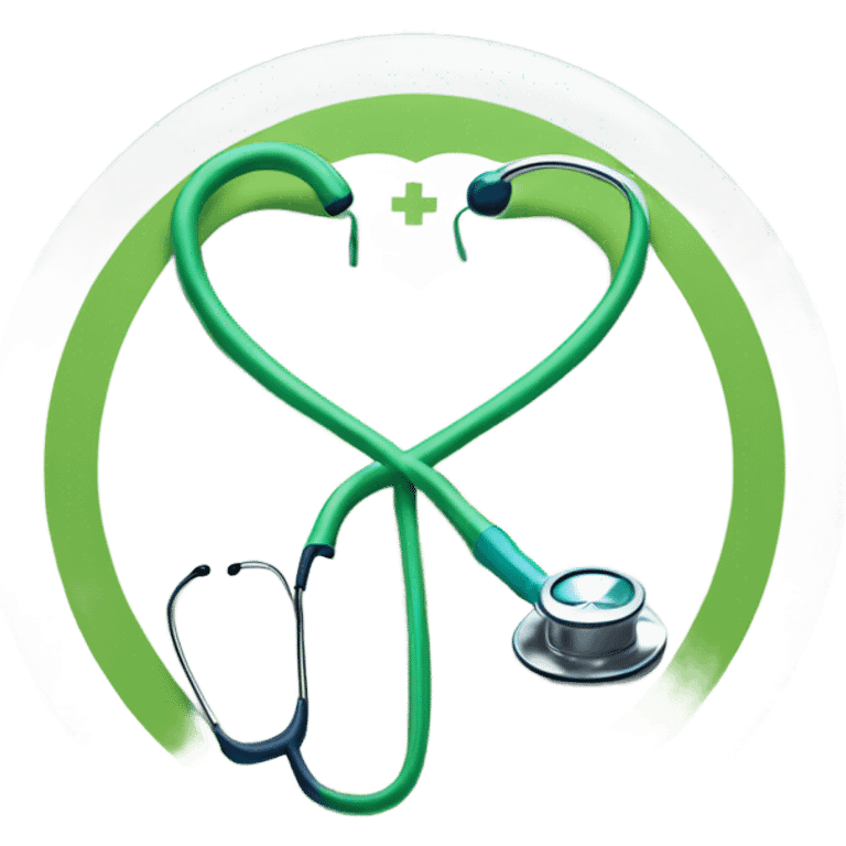 "Create a minimalistic emoji featuring a medical cross, a stethoscope, and a heart, using blue, green, and white to symbolize trust, health, and care emoji