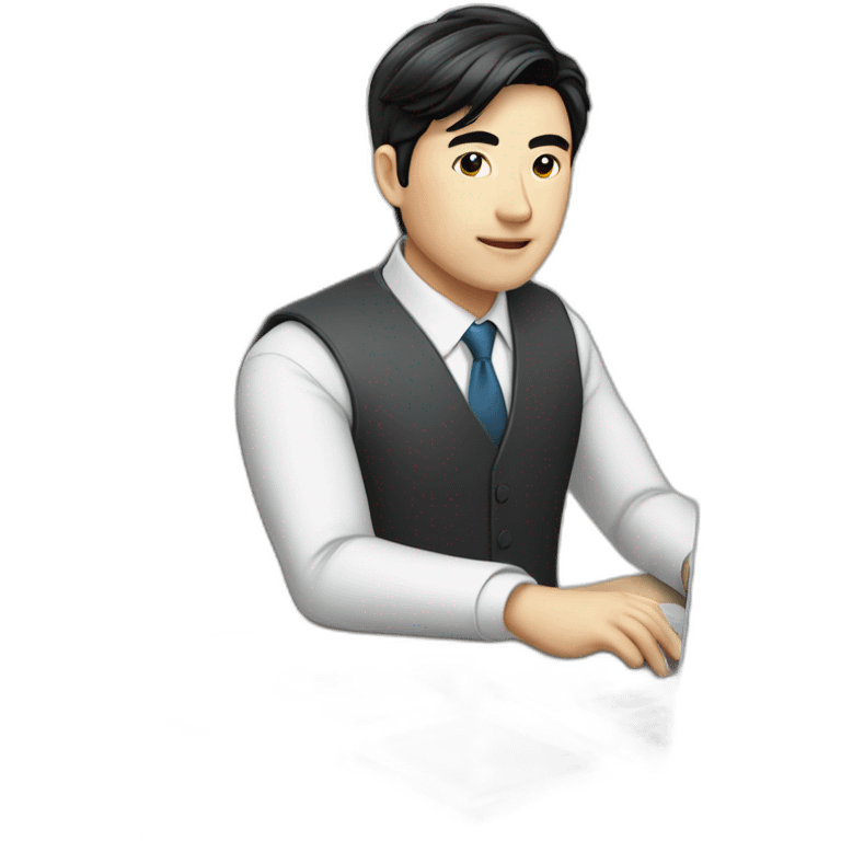 Male investment manager in professional clothes, black hair, asian, with a laptop in front of him, Half-length portrait  emoji