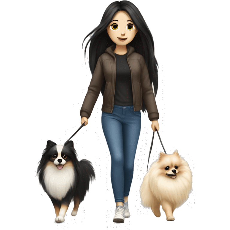 pale girl with long black hair walking with pomeranian emoji