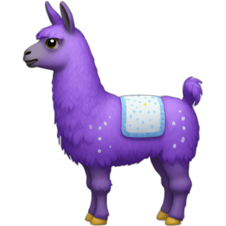 a purple llama with white spots with a yellow-blue mat on its back emoji