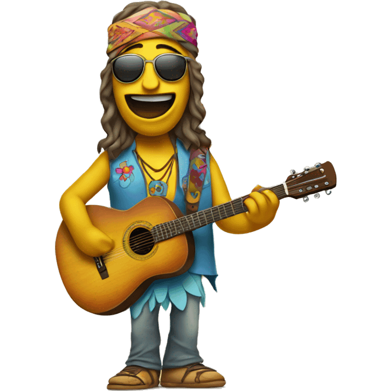 anthropomorphic hippie-guitar showing a sign of peace emoji