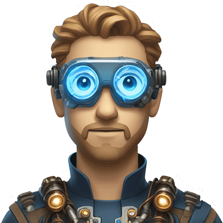 Male cyborg head with light brown hair, light brown beard, blue glowing steampunk goggles, circuits, wires  emoji