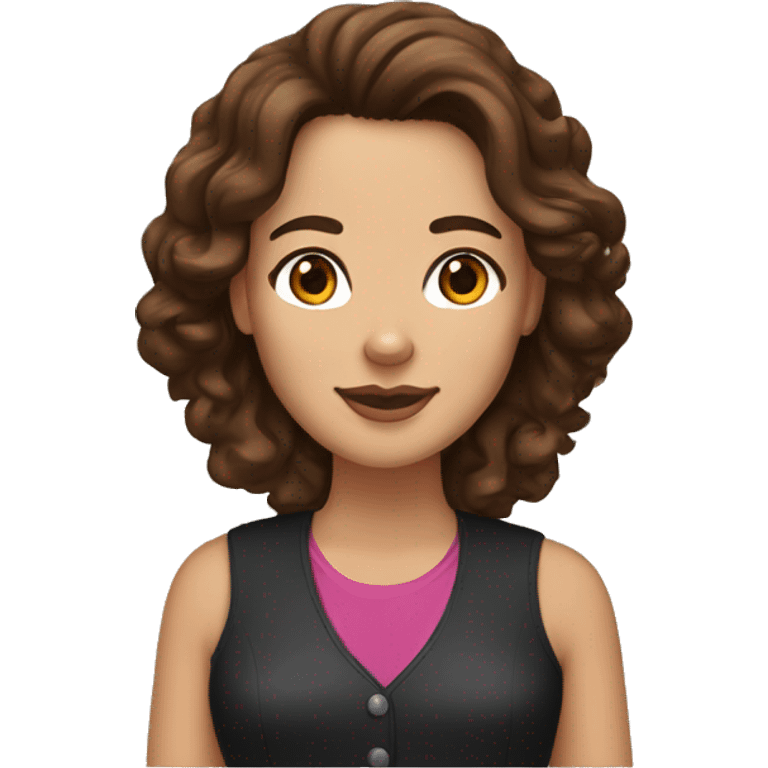 White woman with brown hair and brown eyes with Bernese mountain dog emoji