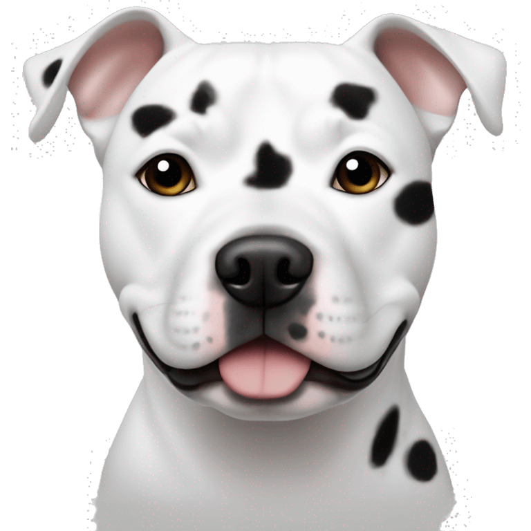 A White Staffy with tiny black spots scattered around middle of his face and nose in a Apple style emoji