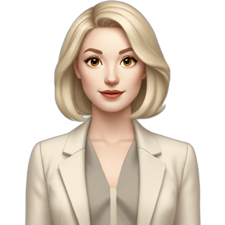 pale skin woman with ash blonde Straightened bob Hair, White Spacious classical jacket, beige palazzo Arrow pants and gray blouse holding a color palettes in the hands emoji