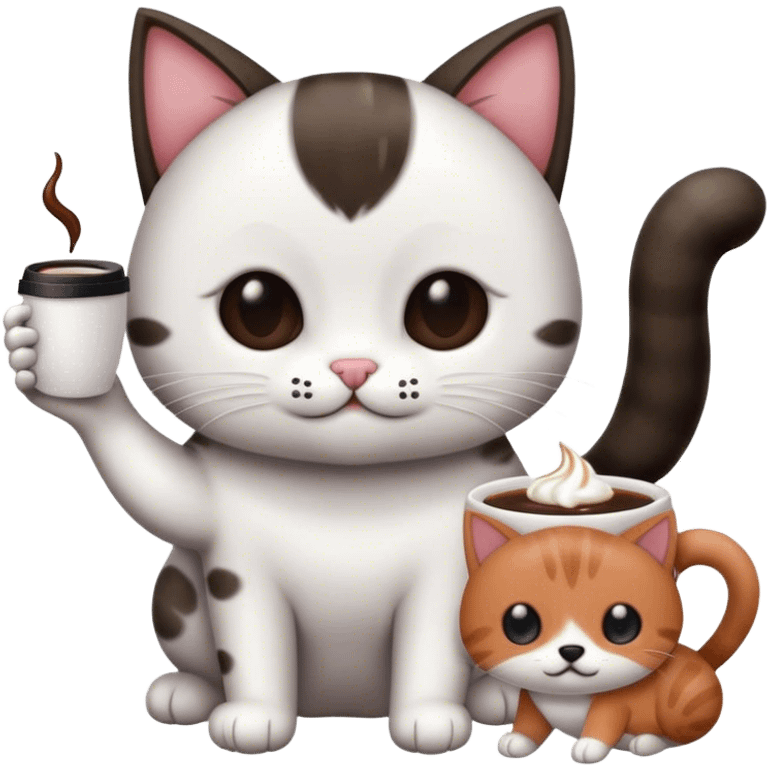 gatito de manchas blancas y negras dando la mano a un perrito de manchas blanco con café emoji