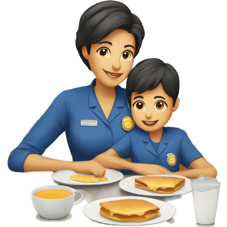 mama e hijo desayunando con uniforme de preescolar emoji