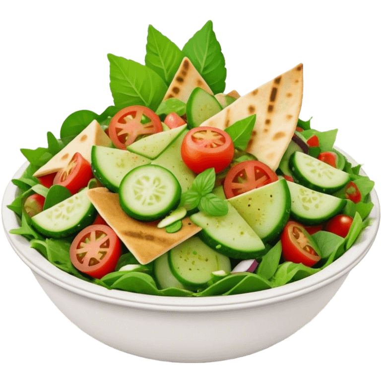 Cinematic Realistic Fattoush Salad Dish Emoji, depicted as a colorful medley of greens, tomatoes, cucumbers, and crispy pita rendered with vibrant textures and refreshing lighting. emoji