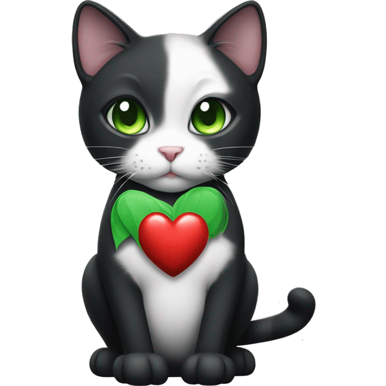 Realistic Black and white cat with green eyes holding a heart emoji