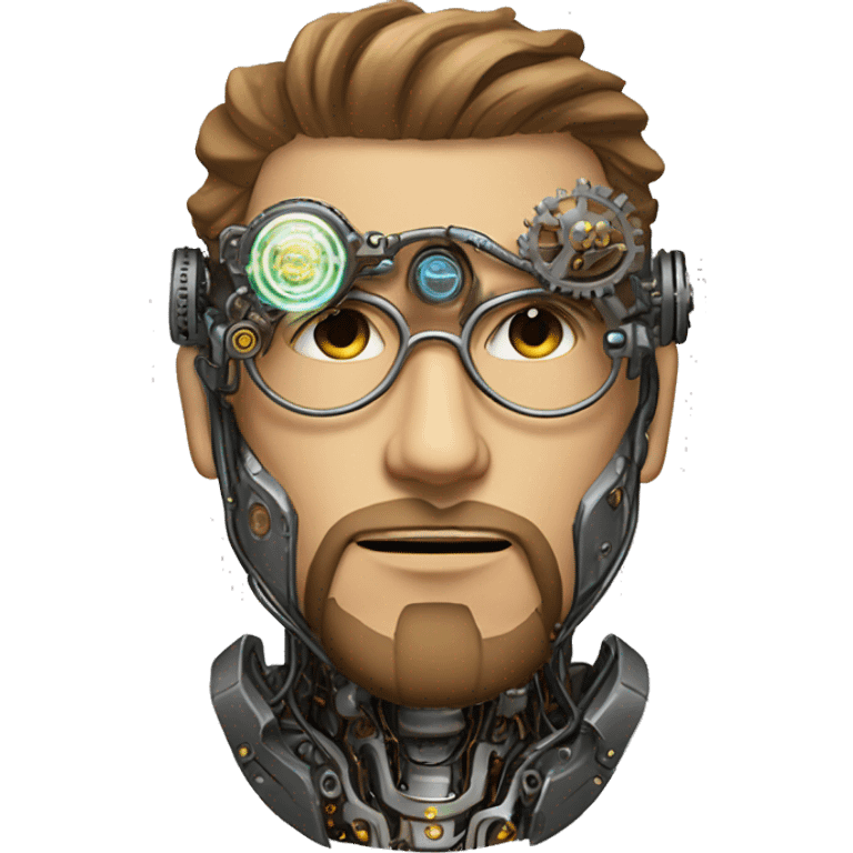 Male cyborg head with light brown hair, light brown beard, steampunk glasses, circuits, wires  emoji