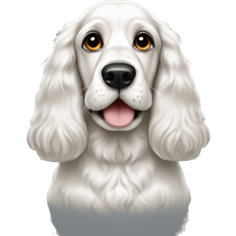 create an emoji of a white English cocker spaniel with black ears and black nose spots emoji