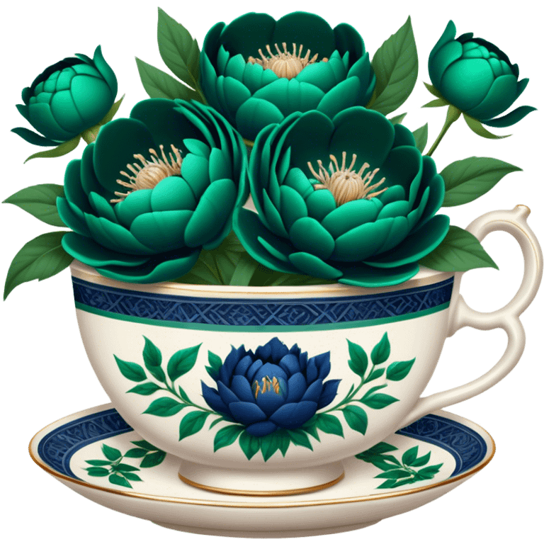 A charming composition of a vintage teacup with an intricate emerald green design, placed beside a bouquet of navy blue peonies. emoji