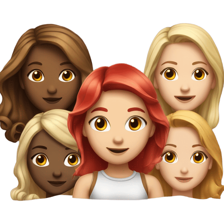 Hyper realistic Group of 5 beautiful girls. Girl 1- brown hair. Girl 2- black hair. Girl 3- redhead. Girl 4- golden hair. Girl 5- light blonde.  emoji