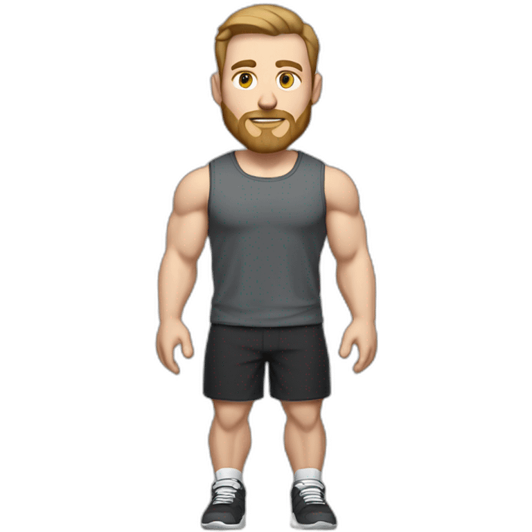 Full height Pale skinned fit man With biceps, light brown hair and short beard In dark gray sleeveless mike, black oversize sports shorts, watch and white sneakers. emoji