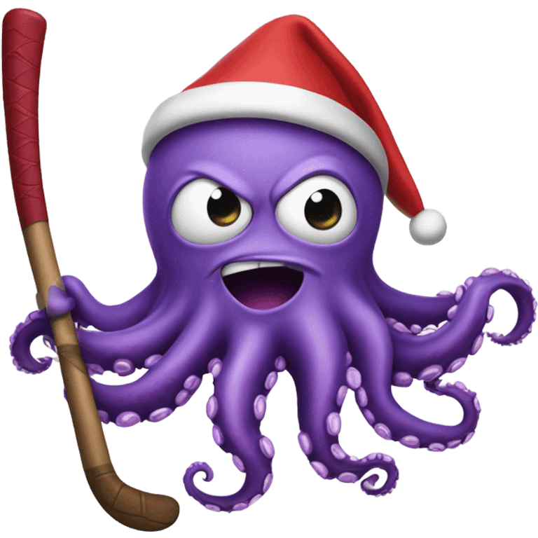 angry purple octopus, holding a brown hockey stick, and wearing a red santa hat  emoji