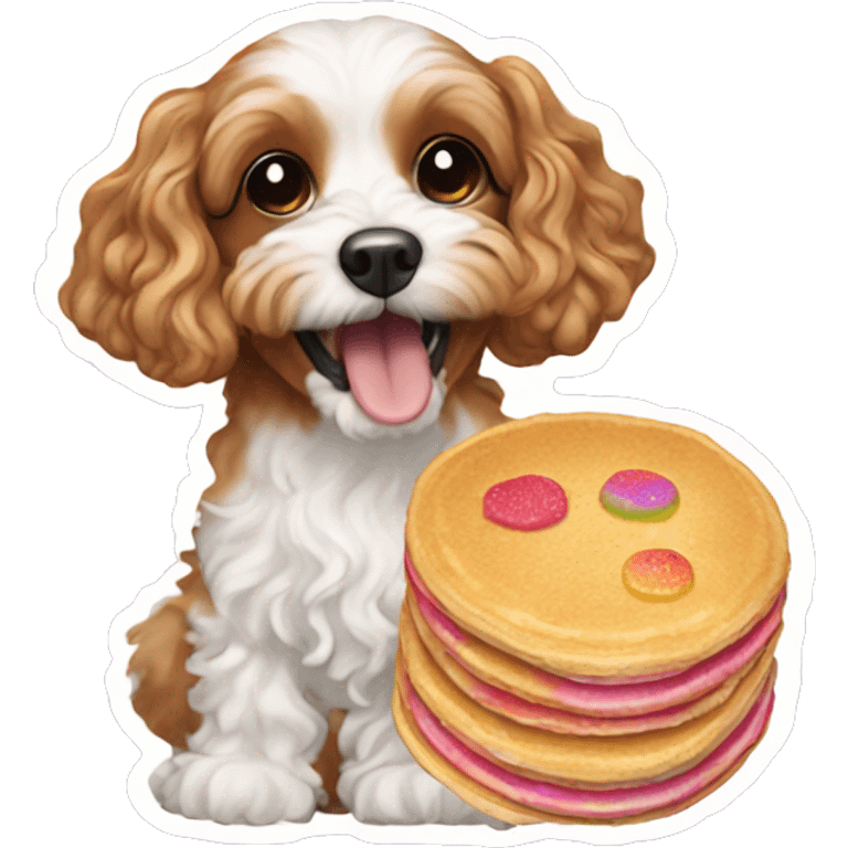 Cavapoo dog eating rainbow pancakes emoji