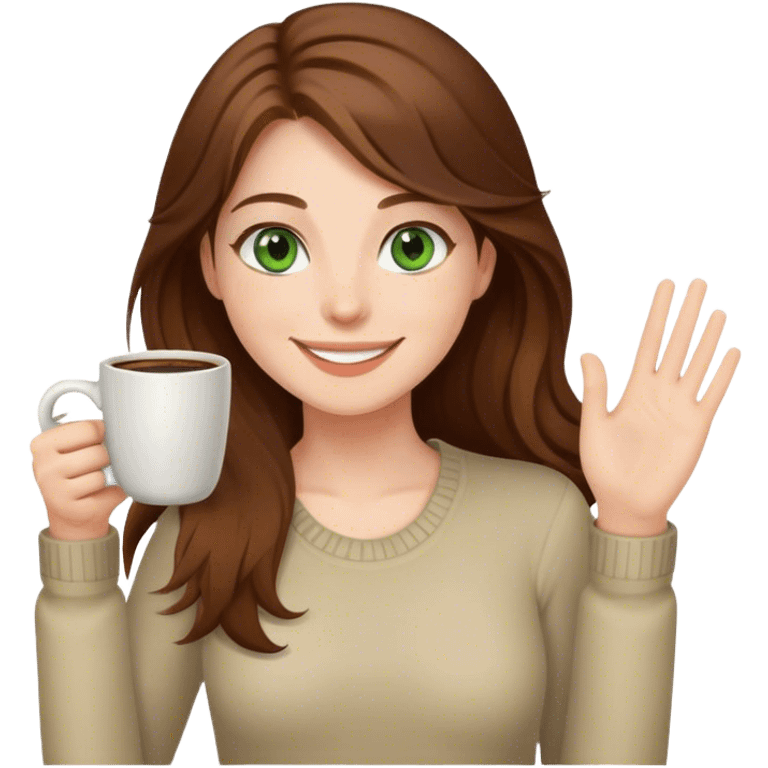 Long, Brown haired girl with green eyes, smiling, waving with one hand, coffee mug in the other emoji