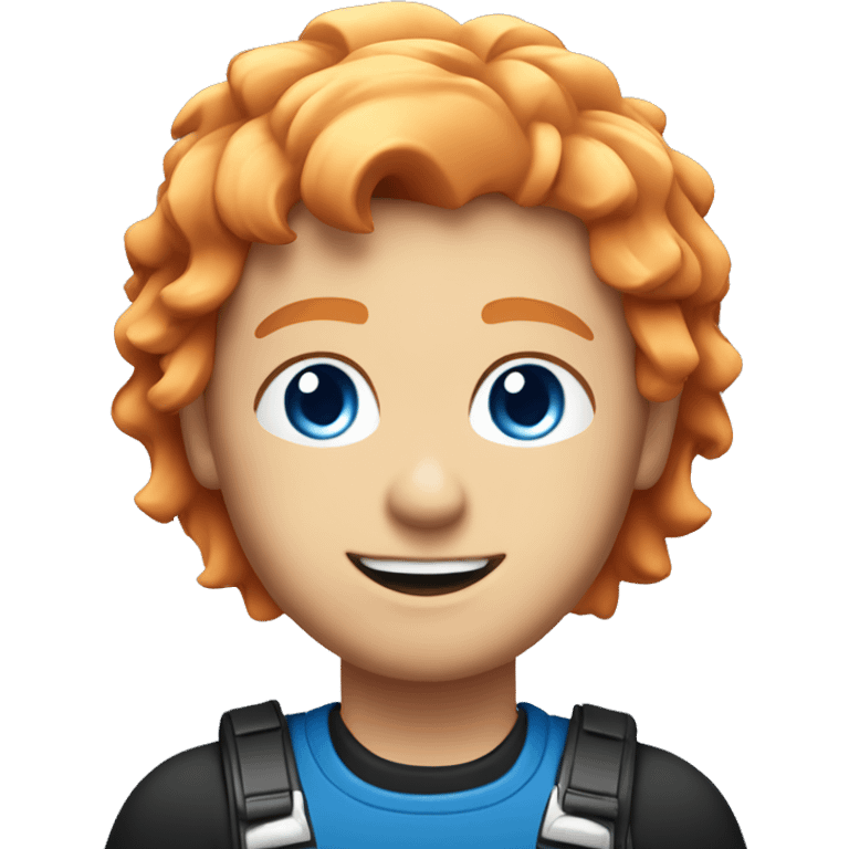 Orange haired electrician with blue eyes and black top with a pink and blue logo emoji