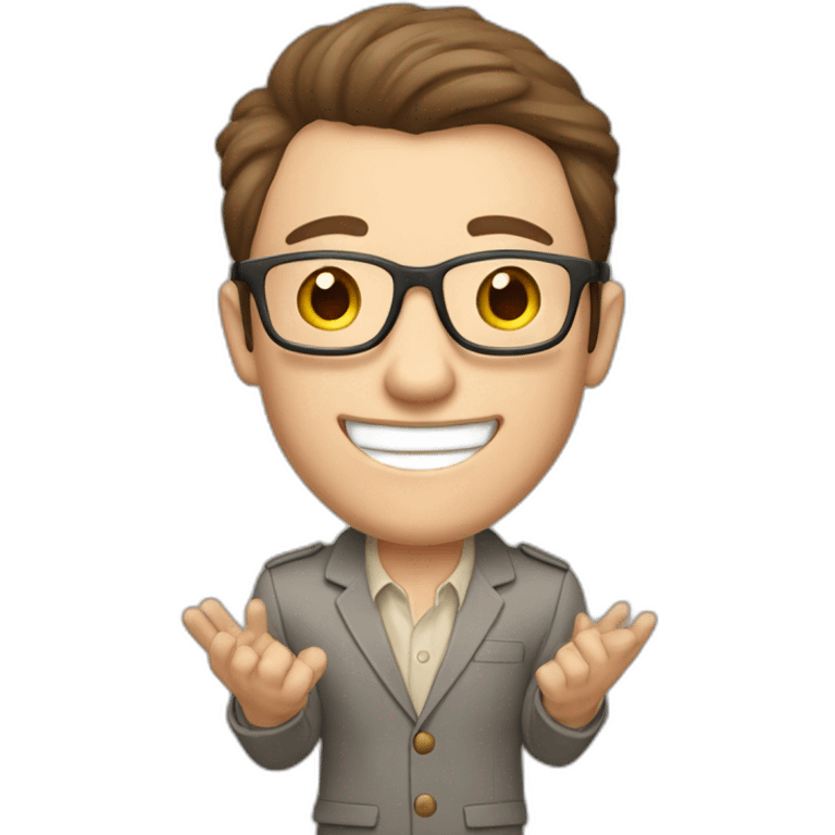 Joyful Celebrating victory Hands up Pale skinned Fit Man With dark brown hair in gray jacket, beige office shirt, Brown pants and vintage glasses sitting In a soft chair emoji