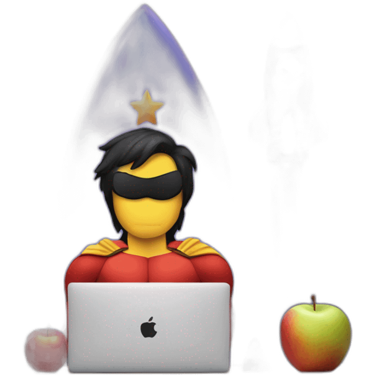 superhero with a rocket emblem sitting in front of his MacBook also with a rocket instead of an apple as the logo emoji