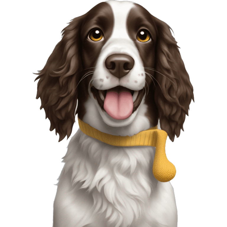 Springer spaniel with a sock in his mouth  emoji