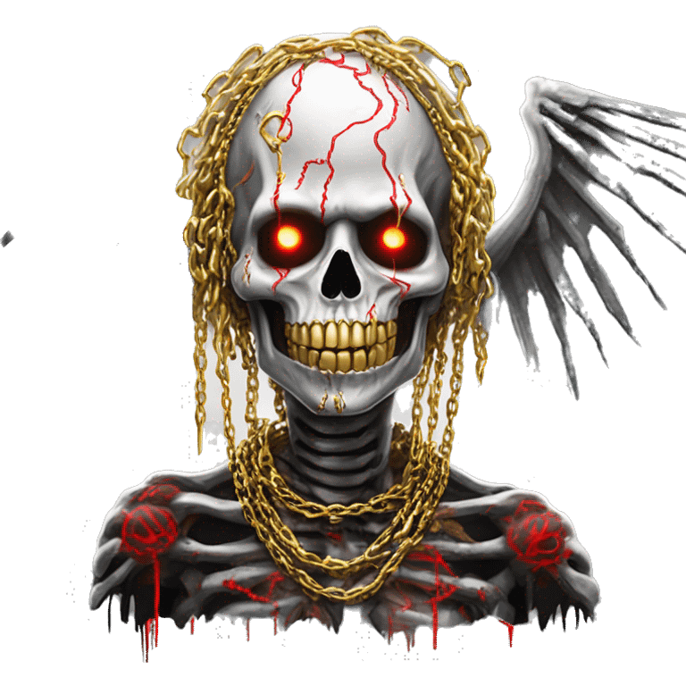 White skeleton zombie person covered in golden chains and black graffiti scribbles and red and silver doodles wings made of neon lightning snowing snowflakes emoji