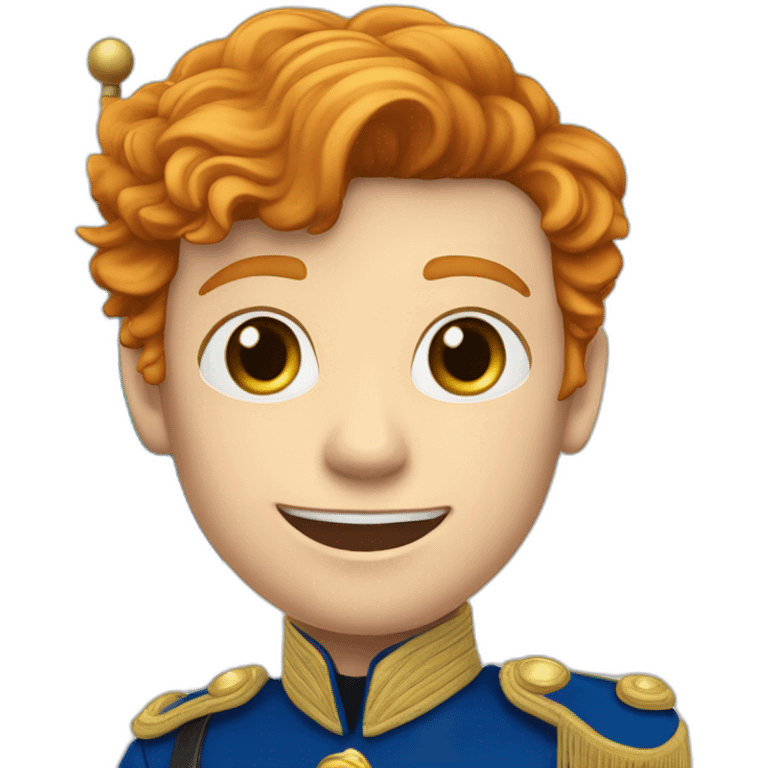 A male ginger of 15yo in royal uniform waving a tricolour flag, with purle on top, white in the middle and blue underneath it. emoji