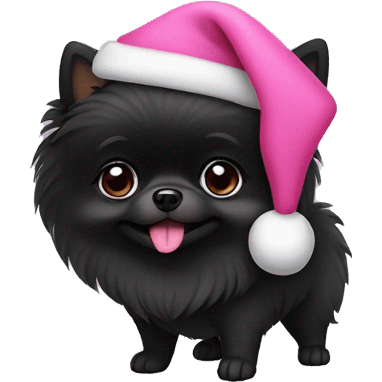 All Black Pomeranian wearing a pink Santa hat emoji