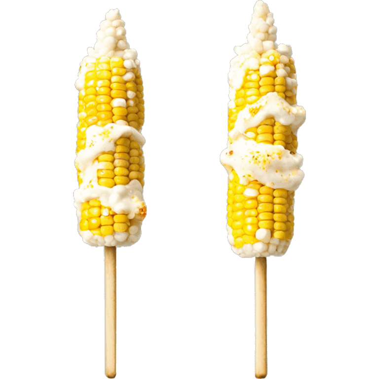 Mexican street corn (elote) on a stick. creamy sauce, cheese, and chili powder for texture and color. emoji