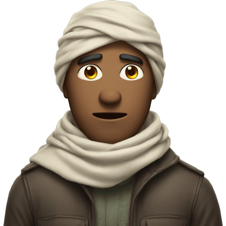 A man with a scarf covered his forehead and only his eyes are visible and in a angry expression emoji