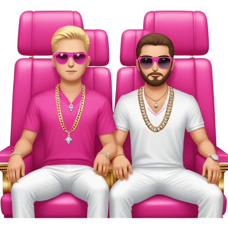 Celebrity millionaire entrepreneur Branden Condy & Alex Hormozi, designer fit, 3 diamond tennis chains, seated on a massive gold throne, sunglasses on, hot pink private jet behind him emoji