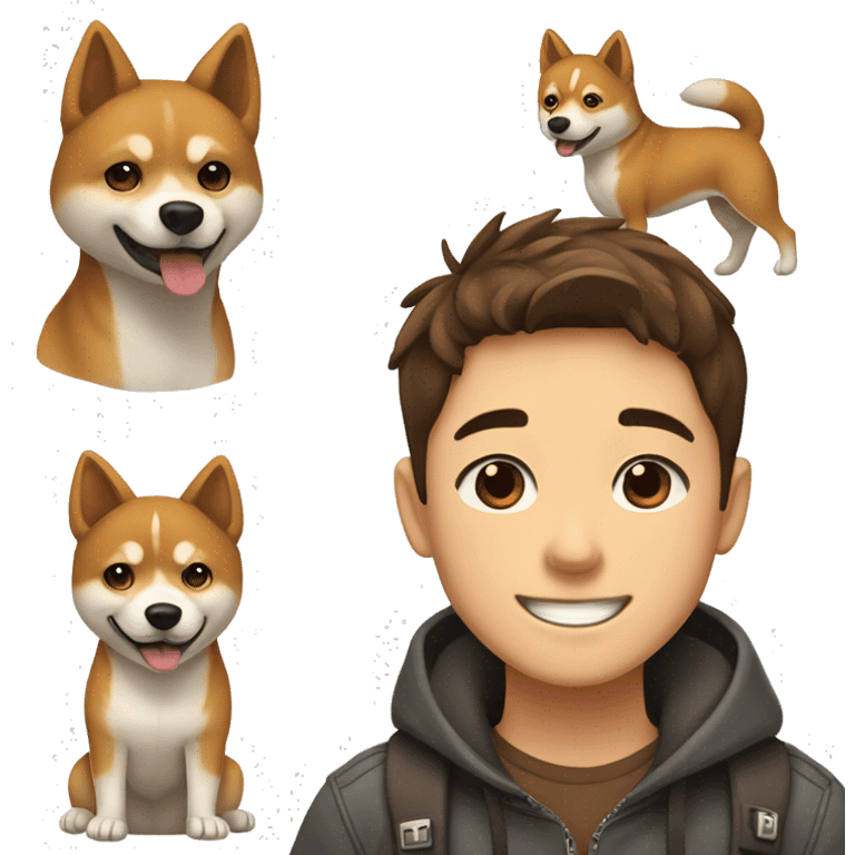  boy with brown hair with brown eyes and wide brows 12 years smiling and hugging with dog shiba inu  emoji