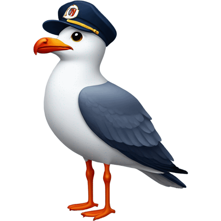 Seagull with wearing navy ballcap emblazoned with a red G initial emoji