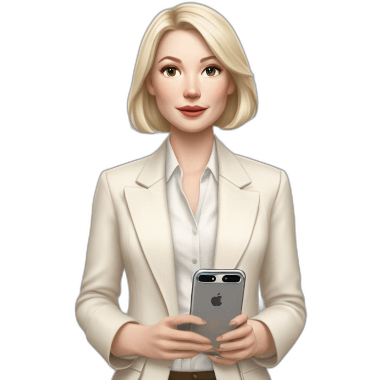 pale skin woman with ash blonde Straightened bob Hair, White Spacious classical jacket, beige palazzo Arrow pants and gray blouse holding white IPhone 15 pro in the hands emoji