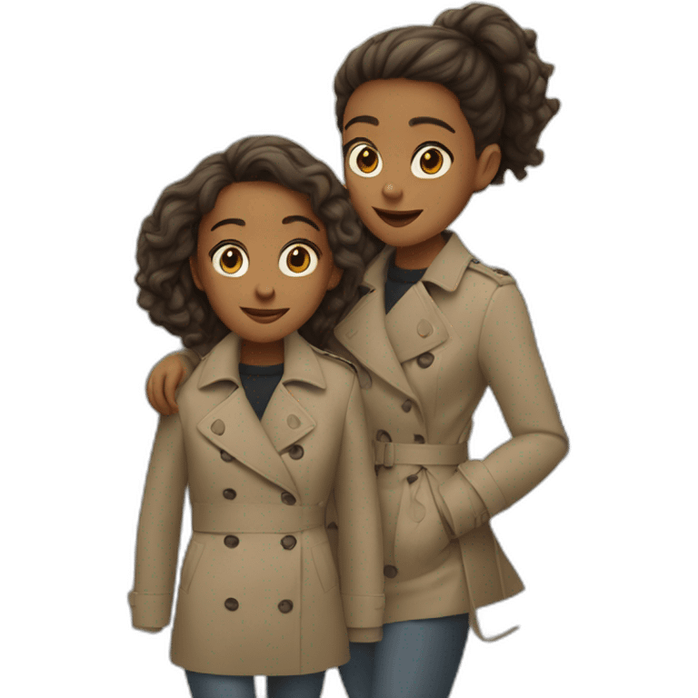 Two girls make a shoulders ride of anoteher in one trench coat emoji