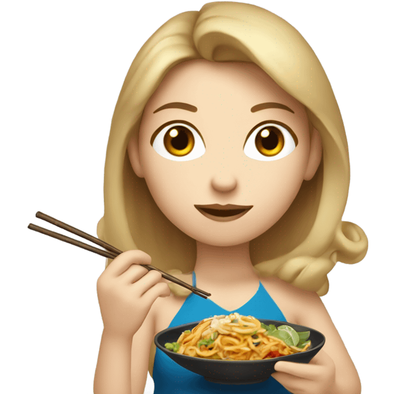 Dark blonde haired girl, mid 30s, super mom, eating Thai Food with chopsticks  emoji