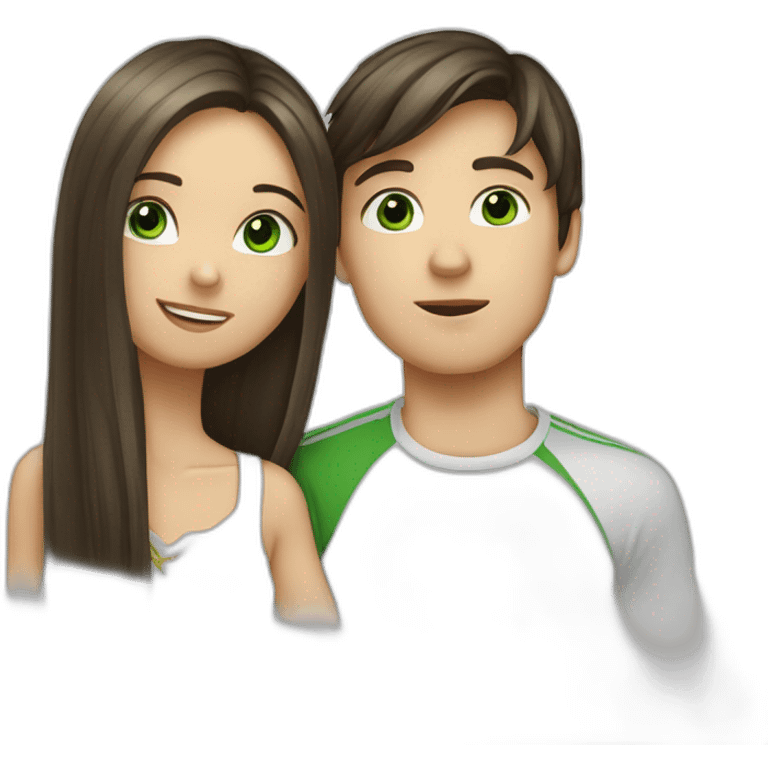 a blond boy with green eyes kisses a brunette girl with long straight hair and  green eyes on the cheek emoji