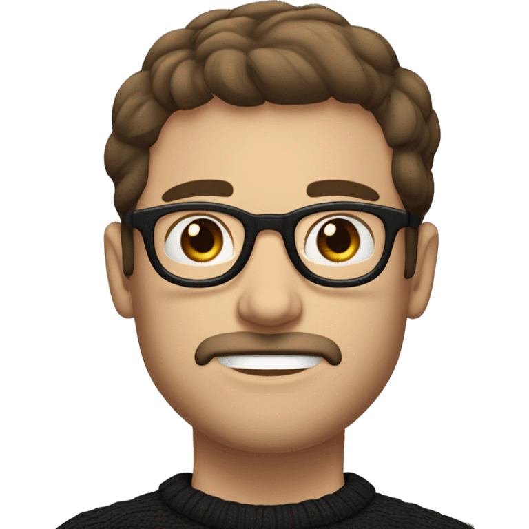 Guy, brown hair, moustache with soul patch and short beard, blue eyes, round glasses, wearing a black jumper emoji